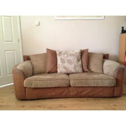 Light brown 2 and 3 seat sofas and footstool