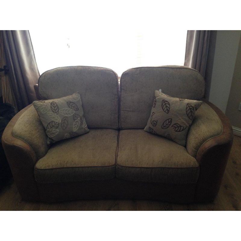 Light brown 2 and 3 seat sofas and footstool