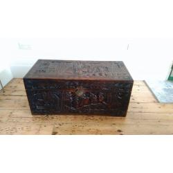 Antique Hong Kong heavily carved wooden camphor chest coffer Chinese figures