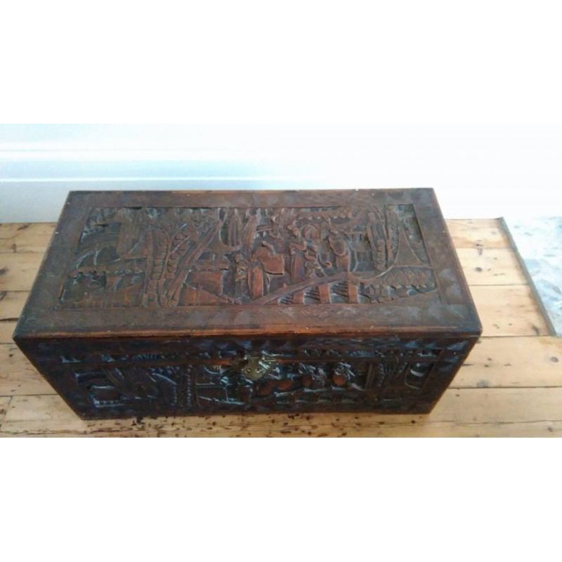 Antique Hong Kong heavily carved wooden camphor chest coffer Chinese figures