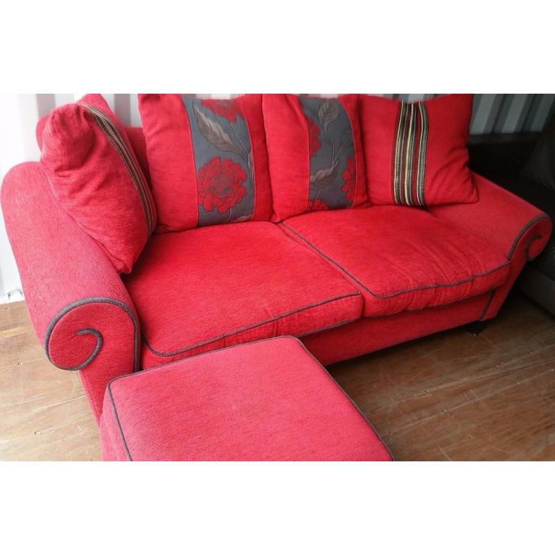 LUSH DFS RED SOFA, STORAGE FOOTSTOOL & ARMCHAIR FOR SALE.