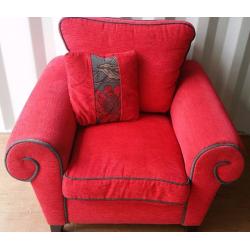 LUSH DFS RED SOFA, STORAGE FOOTSTOOL & ARMCHAIR FOR SALE.