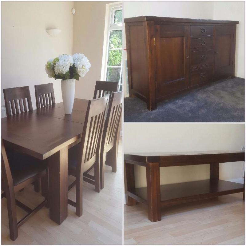 Dining table and 6 chairs, coffee table and sideboard unit