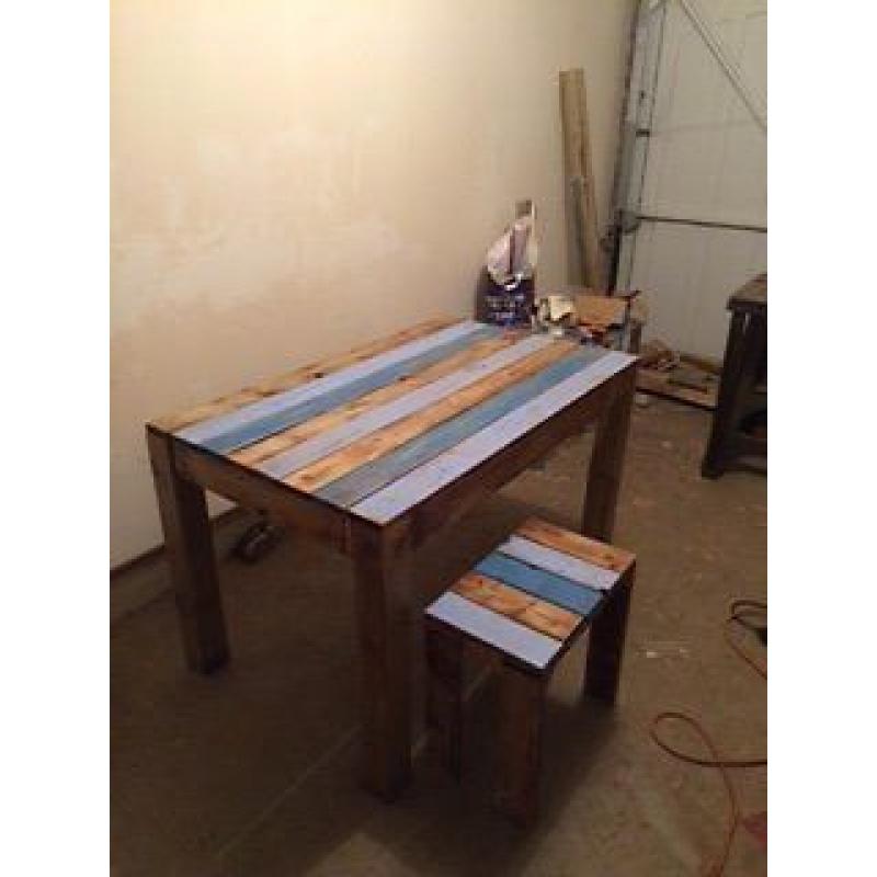 Reclaimed pine rustic dining table and 4 x stools