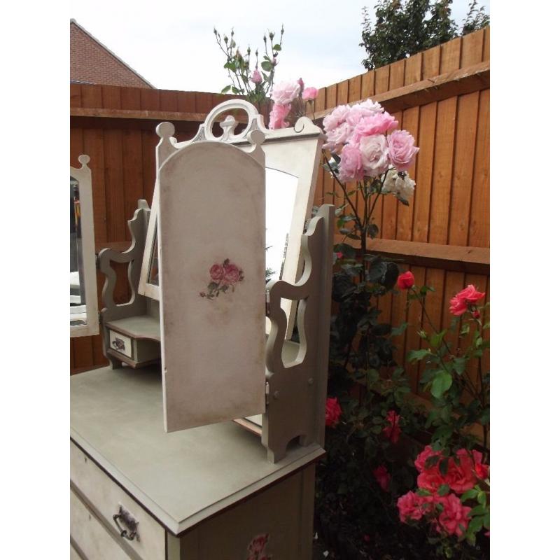 Shabby Chic Antique Dressing Table With Mirror - Decoupage-A.Sloan Hand Painted