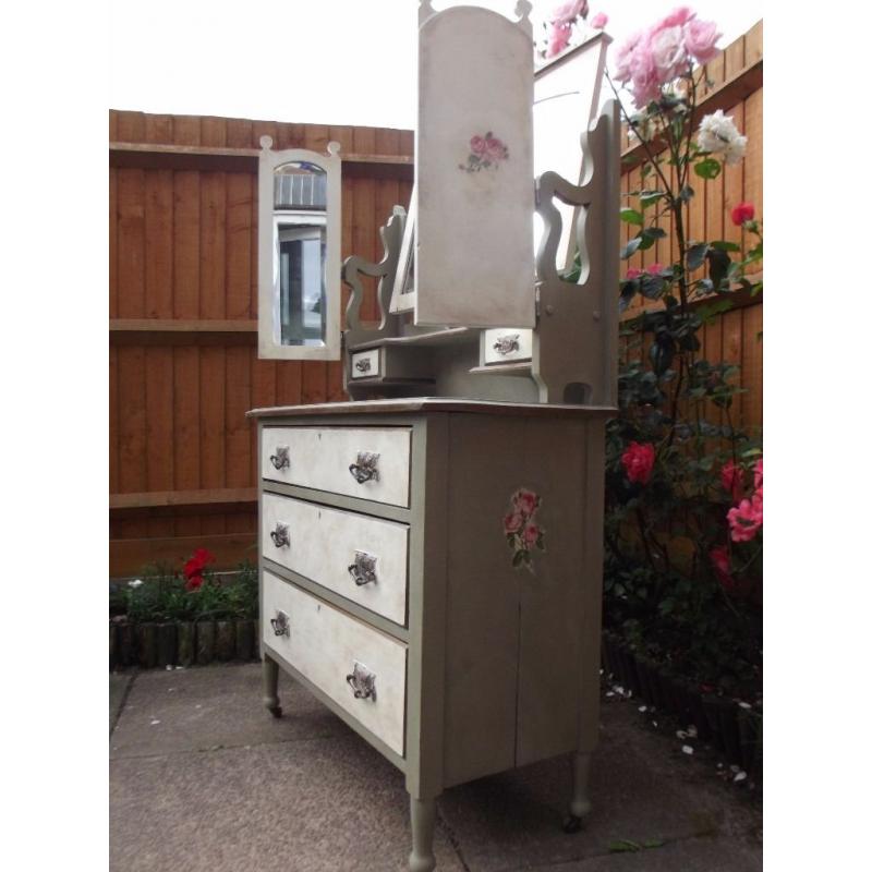 Shabby Chic Antique Dressing Table With Mirror - Decoupage-A.Sloan Hand Painted