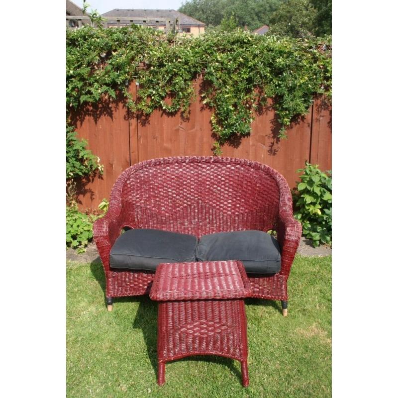 Red Wicker Conservatory Sofa and Side Table