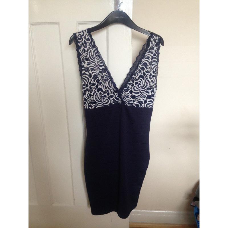 Lipsy Navy blue and white lace body con dress