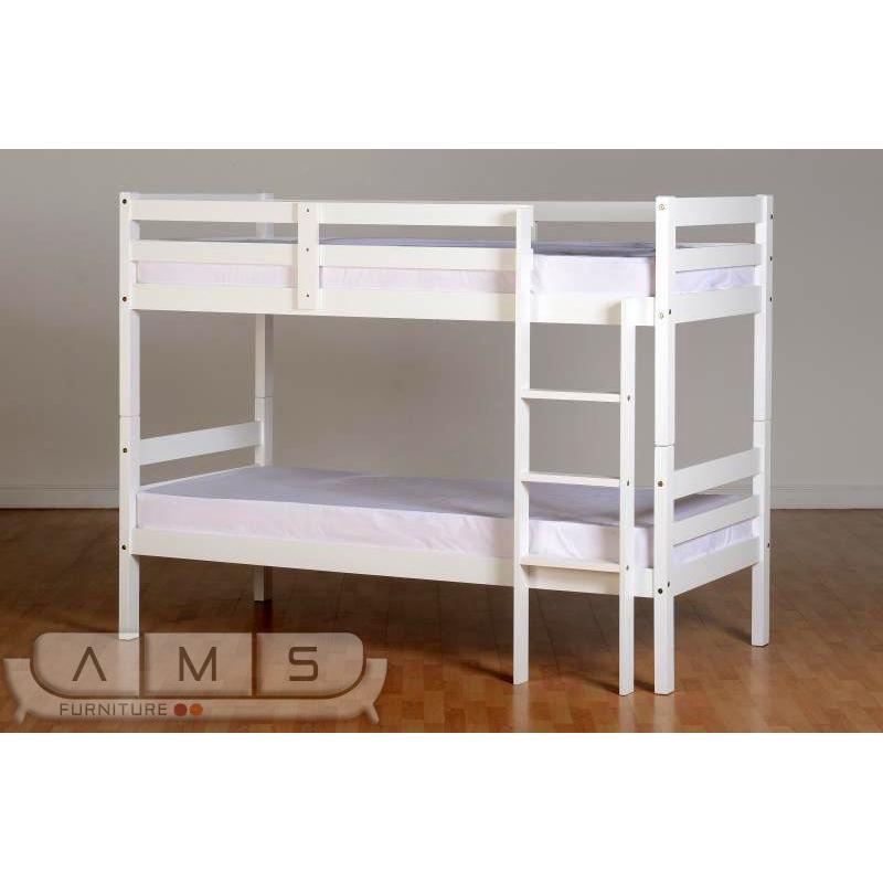 Brand New Solid Brazilian Pine Wood Bunk Bed Frame in White colour with Foam Mattresses, Kids Single