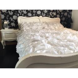 Shabby chic, white double bed & matching his/hers bedside cabinets