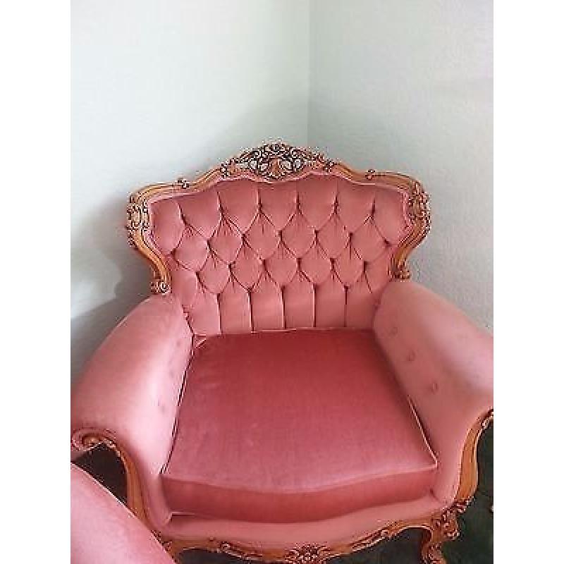 RARE-French-Rococo-Louis-Vintage-Chesterfield-Hand-Carved Pink Velvet + 2 chairs