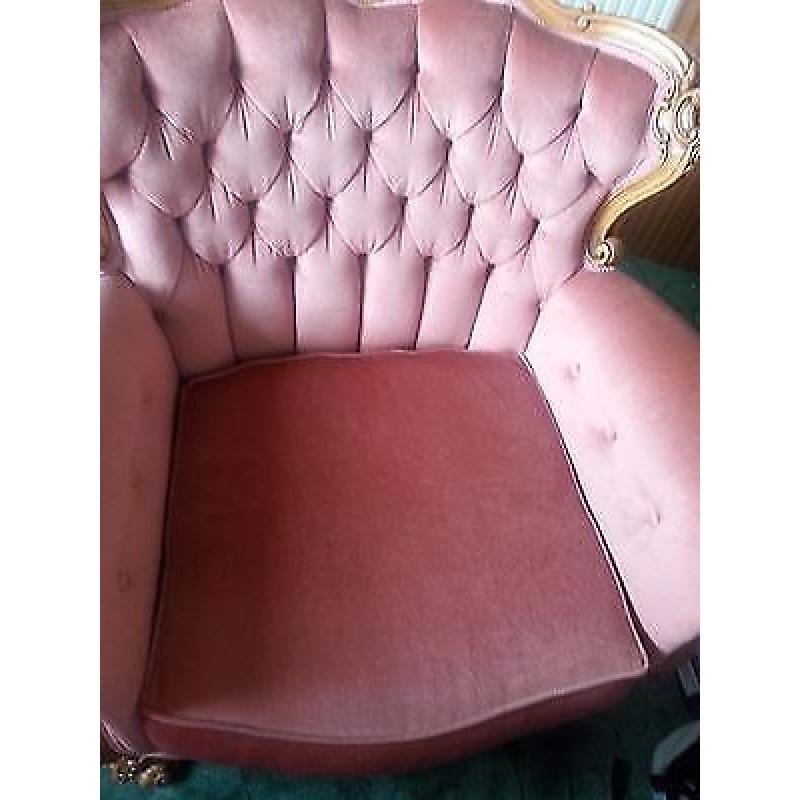 RARE-French-Rococo-Louis-Vintage-Chesterfield-Hand-Carved Pink Velvet + 2 chairs