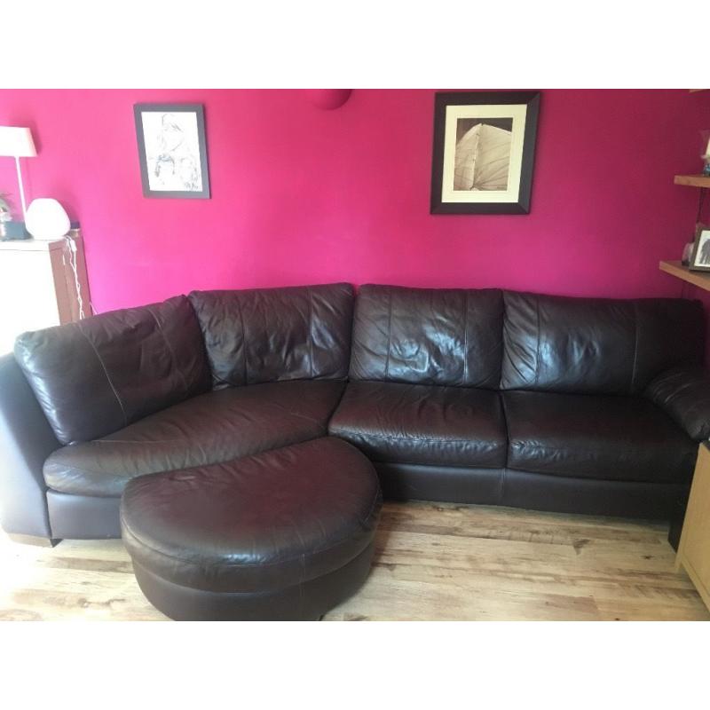 Large dark brown leather corner sofa and armchair