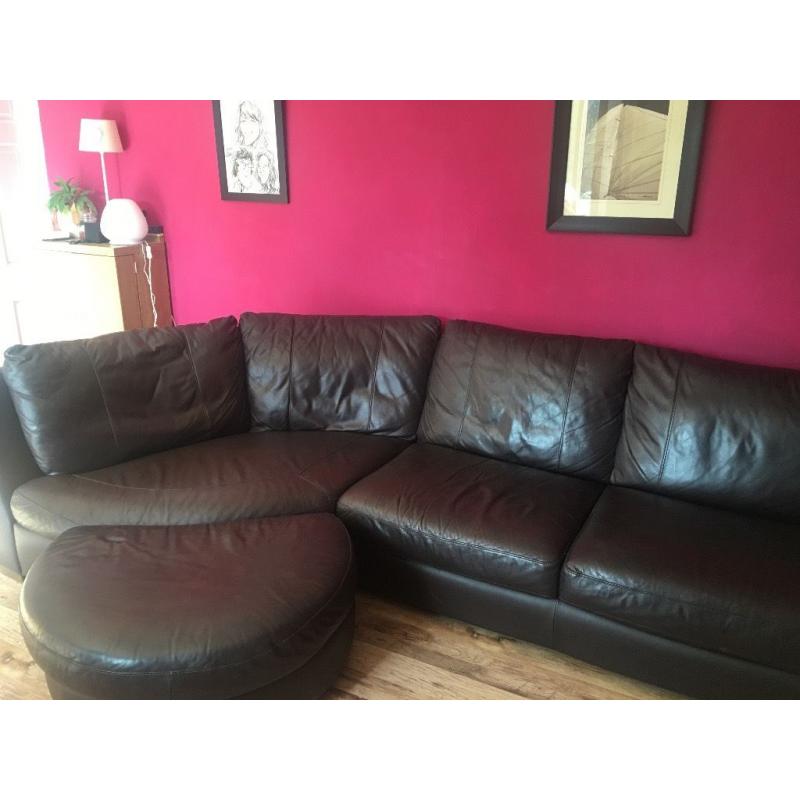 Large dark brown leather corner sofa and armchair