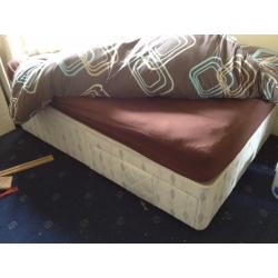 Divan double bed base; double mattress and wooden headboard