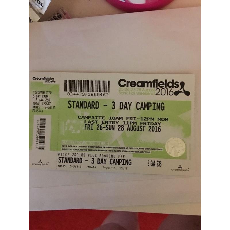 Creamfields standard 3 day camping ticket