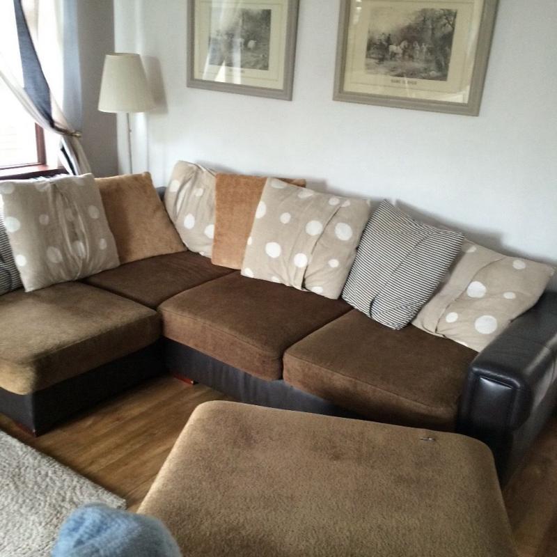 Brown Leather and Fabric Corner Sofa and Foot Stool