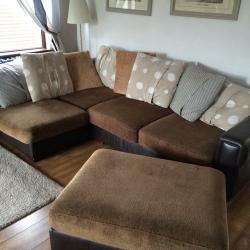 Brown Leather and Fabric Corner Sofa and Foot Stool