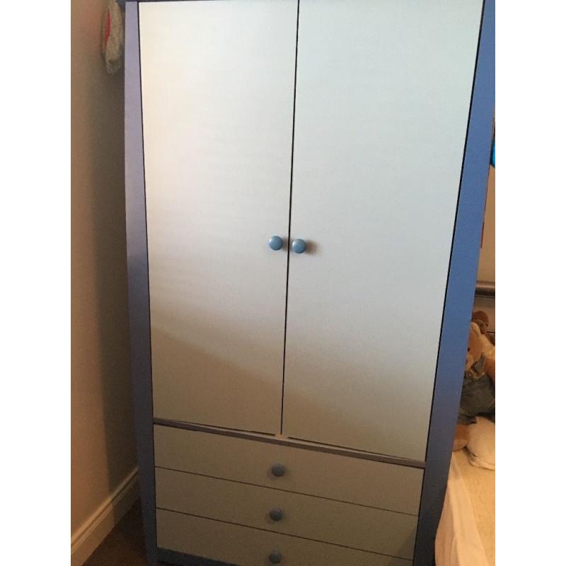 Boys blue bedroom furniture. Wardrobe, drawers and toy box. All in excellent condition