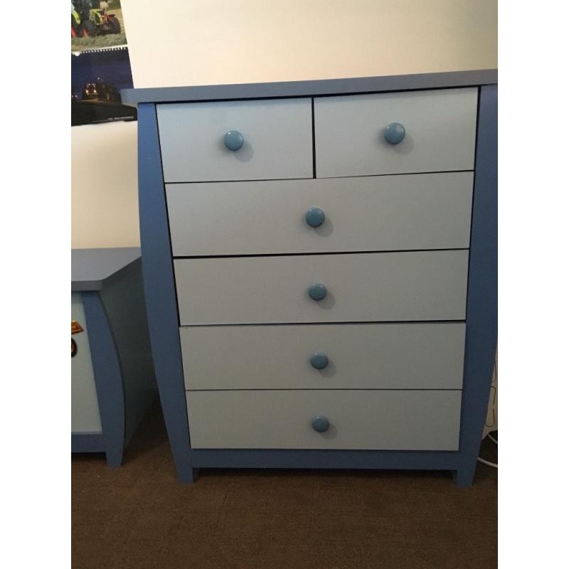 Boys blue bedroom furniture. Wardrobe, drawers and toy box. All in excellent condition