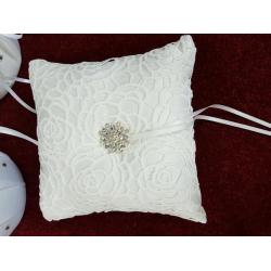 2 white satin flower girl baskets and off white ring cushion