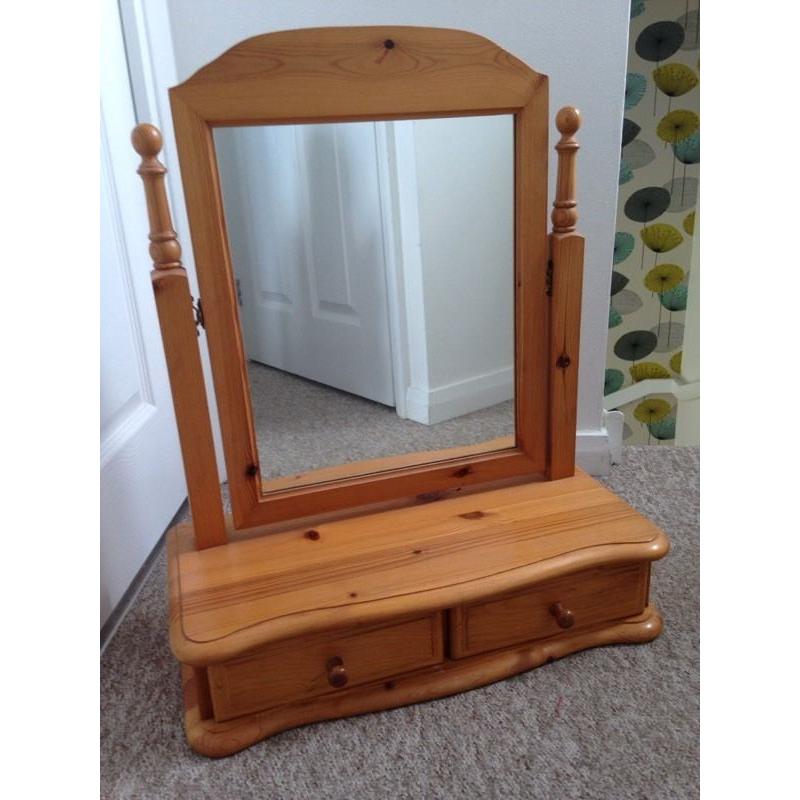 As new in excellent condition pine mirror and draws