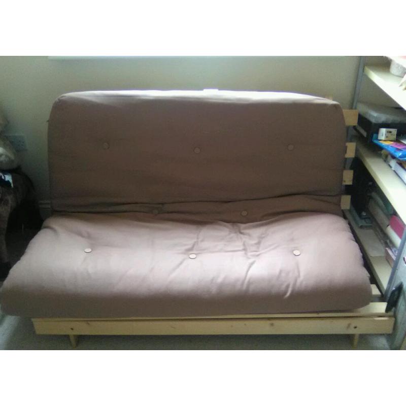 Pine futon sofa bed brown material excellent condition