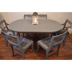 Shabby Chic Solid Wood Dining Table with 6 Chairs ( 2 armchairs)Grey Silver Velvet