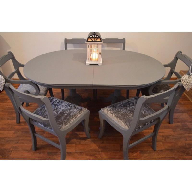 Shabby Chic Solid Wood Dining Table with 6 Chairs ( 2 armchairs)Grey Silver Velvet