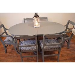 Shabby Chic Solid Wood Dining Table with 6 Chairs ( 2 armchairs)Grey Silver Velvet