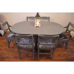 Shabby Chic Solid Wood Dining Table with 6 Chairs ( 2 armchairs)Grey Silver Velvet