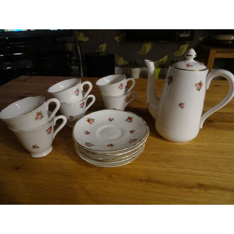 Coffee Set Crown Pottery fine bone china Staffs pink rose bud design