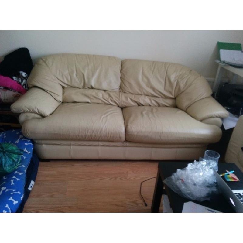 Large cream leather 3 seater sofa