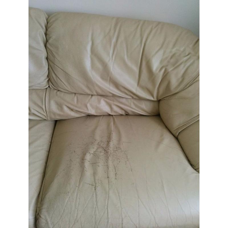 Large cream leather 3 seater sofa