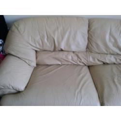 Large cream leather 3 seater sofa