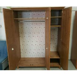 Solid pine large 3 door wardrobe with shelving in vgc