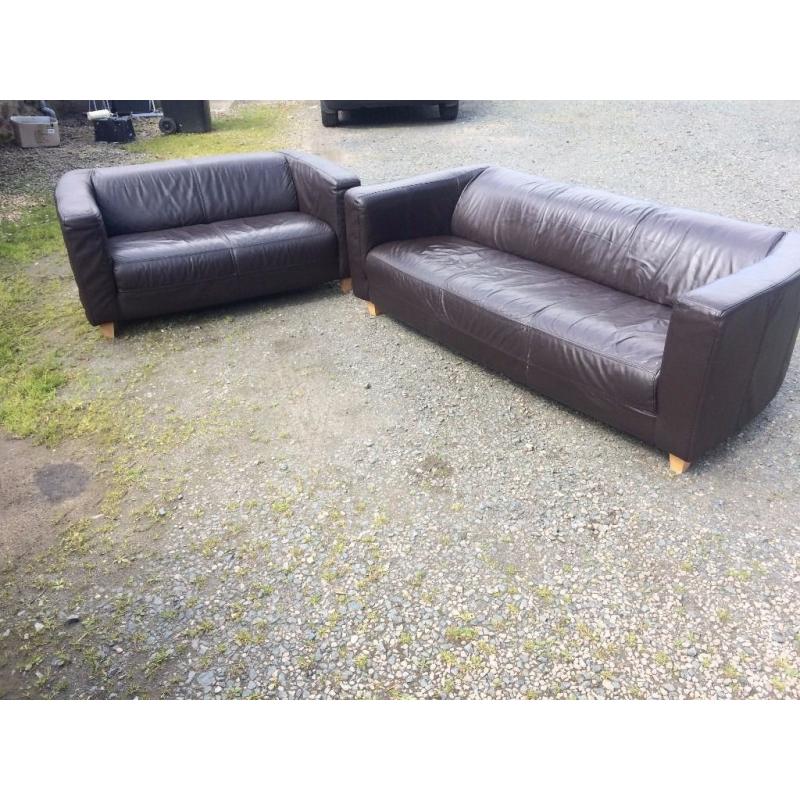 2 seater and 3 seater dark brown leather couches