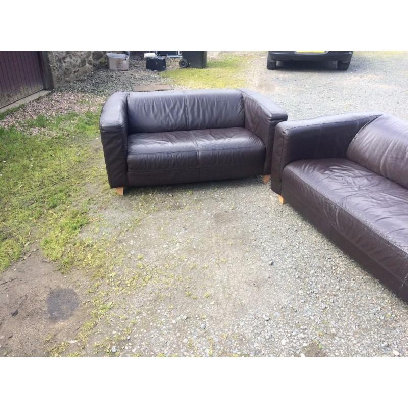 2 seater and 3 seater dark brown leather couches