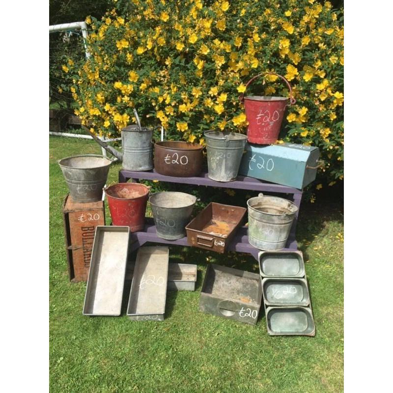 Galvanised Metal buckets planters industrial garden vintage shabby rustic prop display