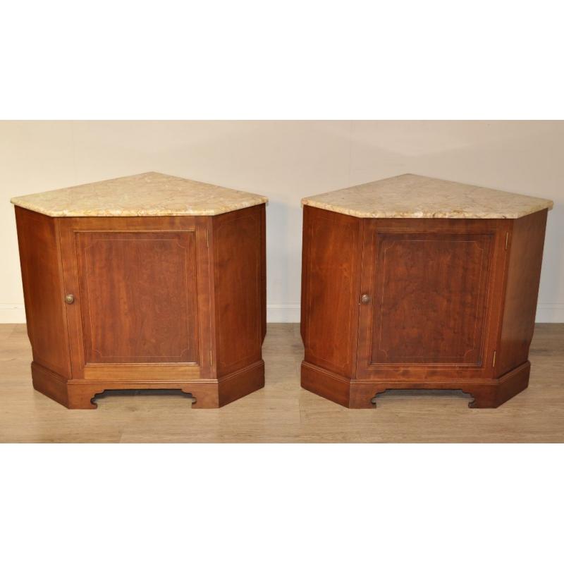 Pair Of 2 Antique Edwardian Marble Top Mahogany Corner Cabinets Cupboards