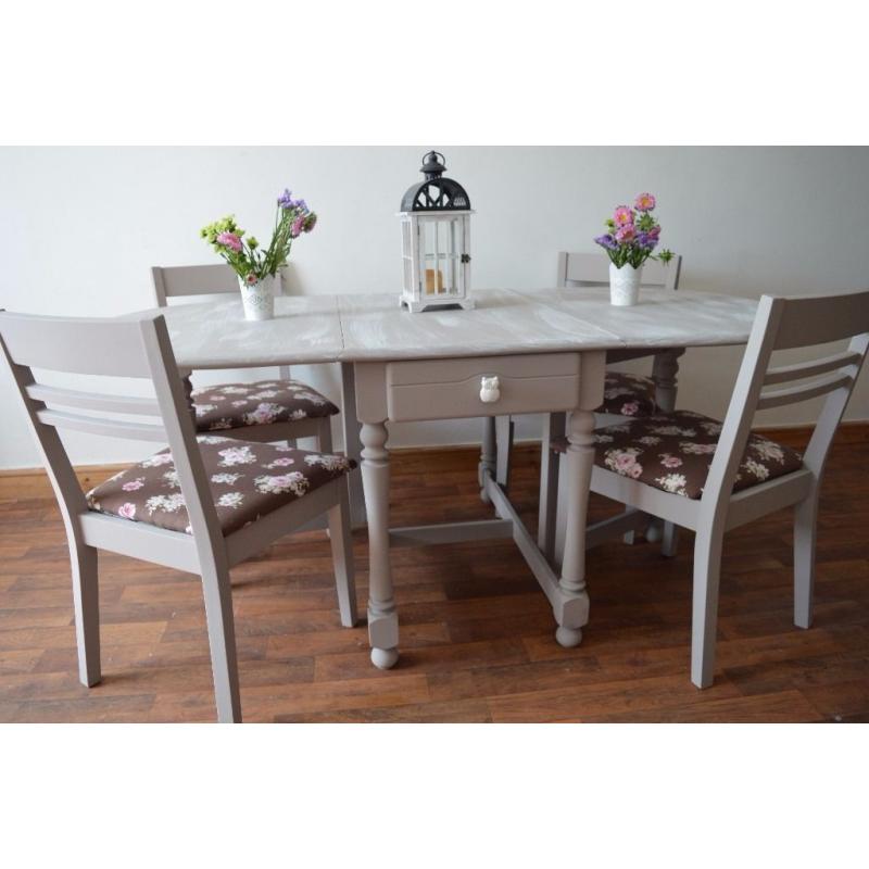 Shabby Chic Solid Wood Drop Leaf Dining Table with 2 Drawers & 4 Chairs