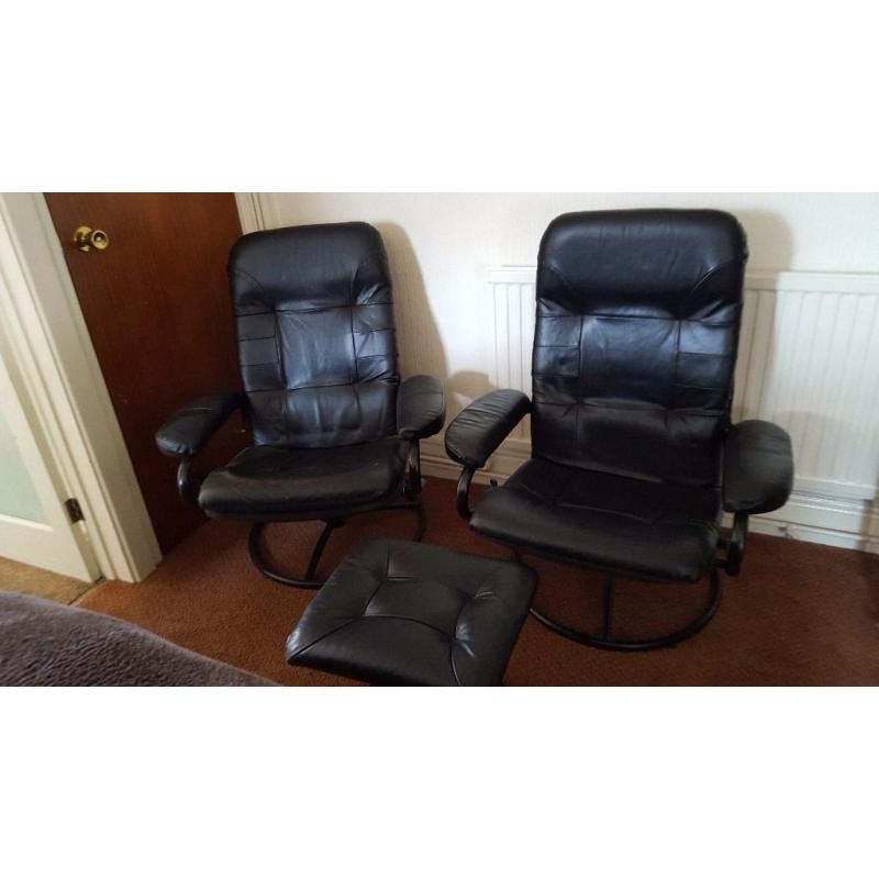 Pair of leather easy chairs with matching footstool. Needs a little tlc.