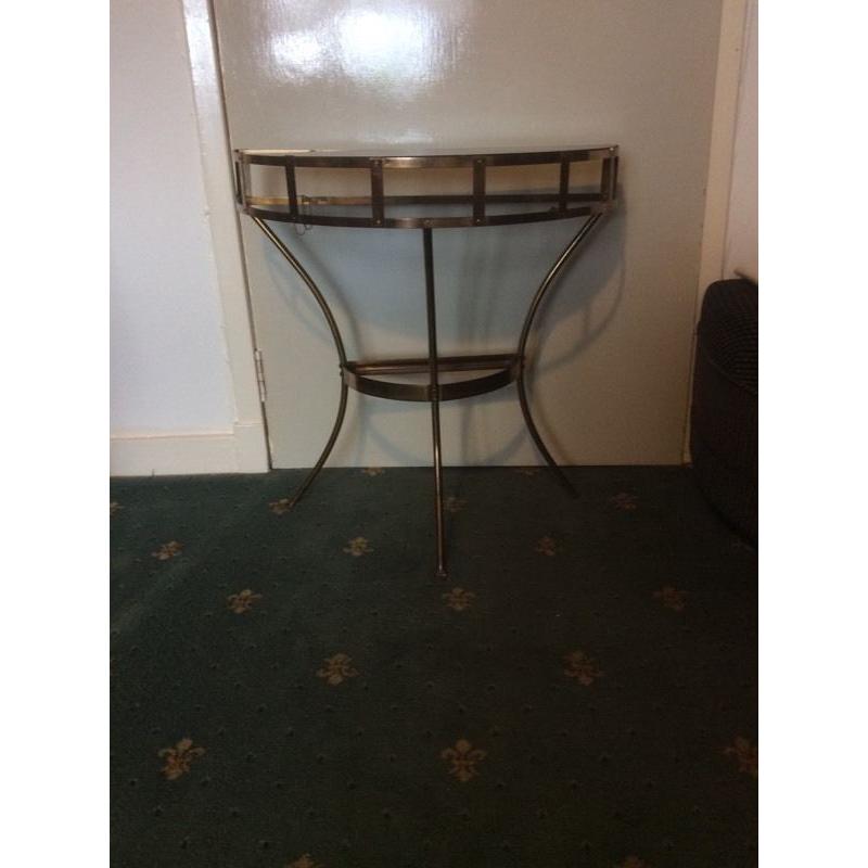 Vintage metal & black glass top half moon table