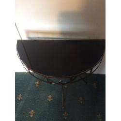 Vintage metal & black glass top half moon table