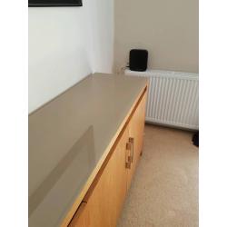 Lovely large oak veneer sideboard with smoked taupe coloured glass top