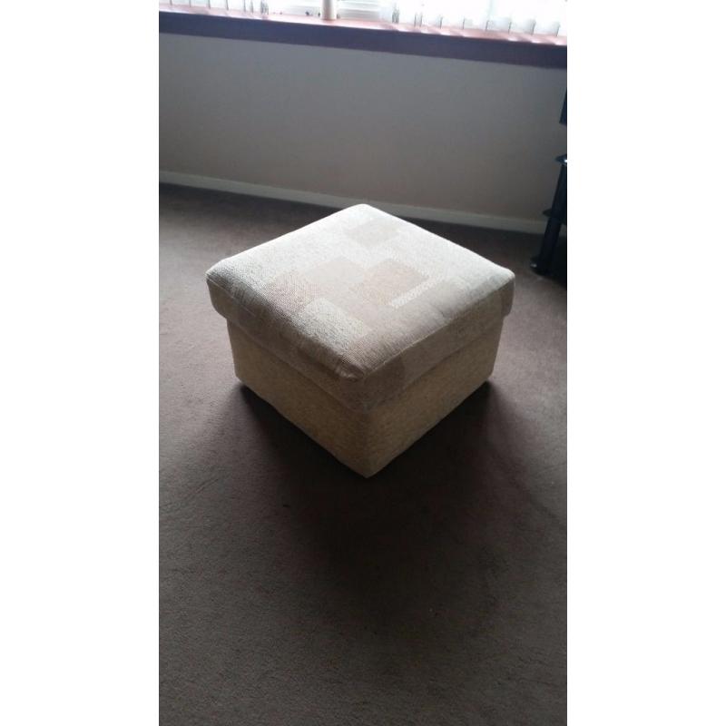 Fabric settee, chair and foot stool