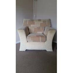 Fabric settee, chair and foot stool