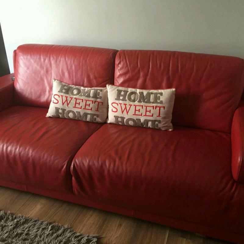 2+3 red leather sofas