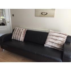 Large 2 and 3 seater Black leather sofas with chrome feet