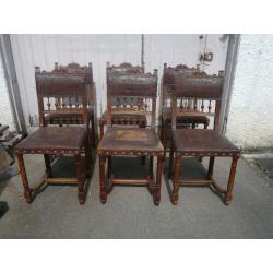 set of Six 19th Century Oak Dining Chairs with Tooled Carved Leather Seats